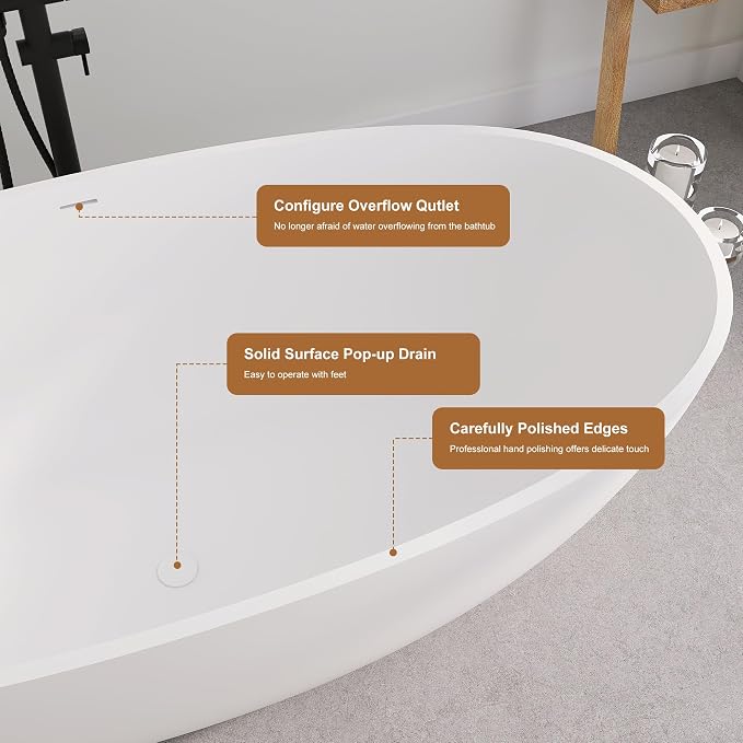 SJ STAR&JANE 61" Solid Surface Freestanding Bathtub, Oval Soaking Tub - Image 7