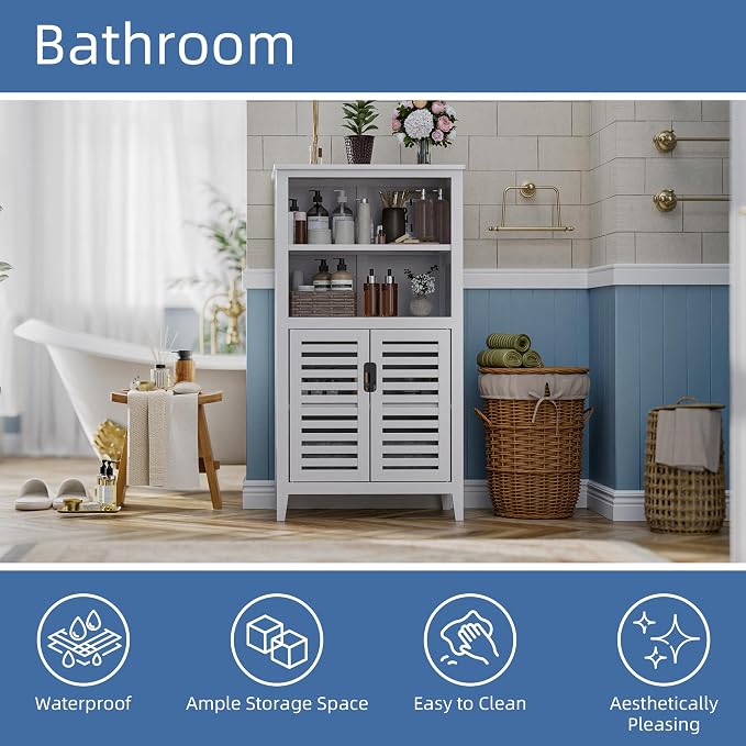 HITNET White Bathroom Cabinet, Bamboo Storage Cabinet Freestanding, Side Tall - Image 5