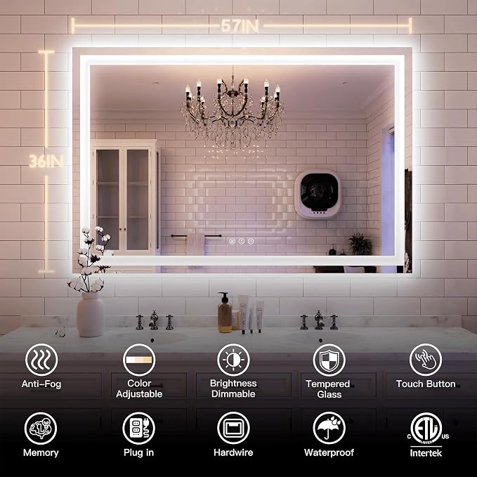 ISKM 57'' x 36'' LED Mirror for Bathroom Lighted Vanity Mirror for Wall Front - Image 10
