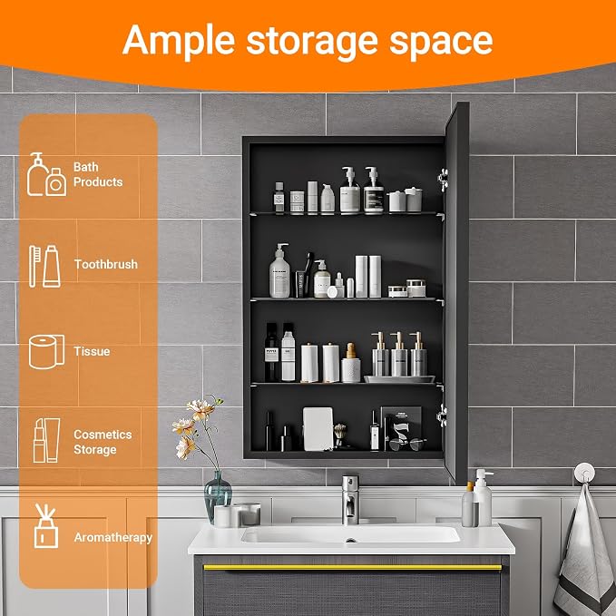 Black Modern Bathroom Medicine Cabinet, 17x30 Inch Wall Mounted Surface Mount - Image 8