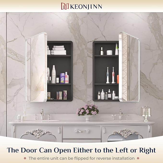 Keonjinn 20 x 26 Inch Chrome Recessed Medicine Cabinets, Mirrored Bathroom - Image 8