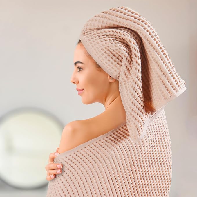 PÜSKÜL Waffle Kitchen & Hand Towel Organic 100% Turkish Cotton Set of 3 Beige - Image 8