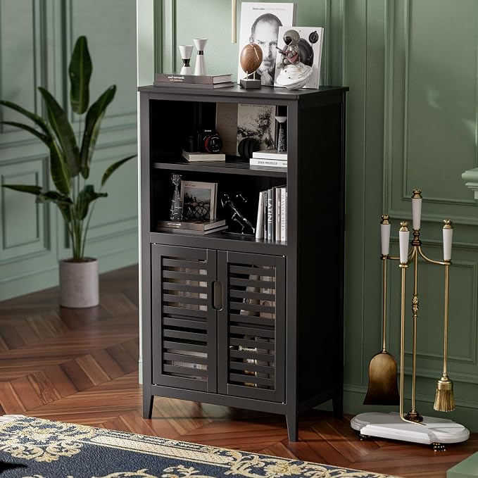HITNET Black Bathroom Storage Cabinet, Freestanding Bamboo Floor Cabinet 5 Tier - Image 2