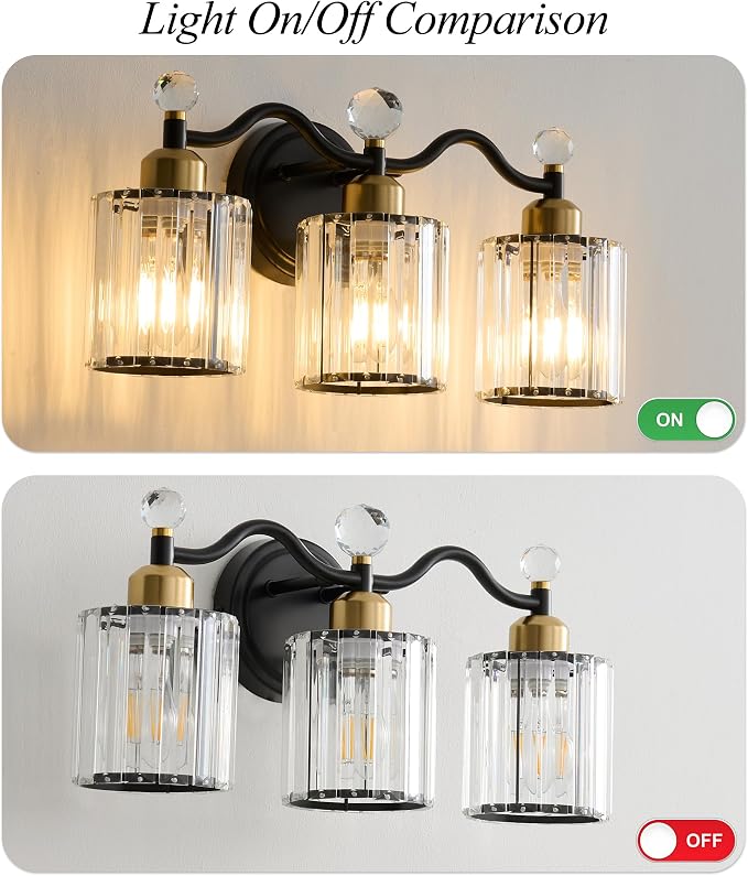 Modern Crystal Bathroom Vanity Light, Balck and Gold 3-Lights Bathroom Light - Image 6