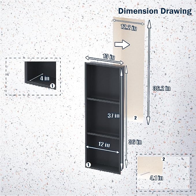 Black Stainless Steel Shower Niche 36" X 12" ，Recessed Shower Shelf - Image 6