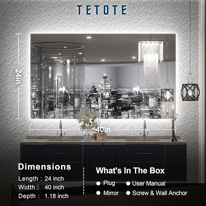 TETOTE 40 x 24 LED Backlit Vanity Mirror Bathroom, 3Color White/Warm/Natural - Image 6