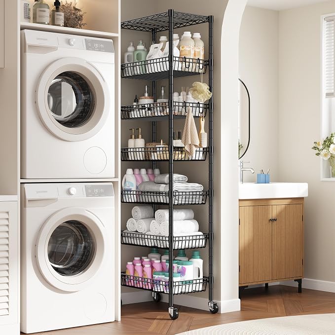 7 Tier Wire Shelving Unit with Wheels 72" H Adjustable Basket Shelf Storage - Image 7