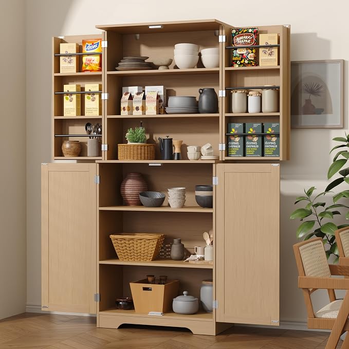 72" Tall Kitchen Pantry with Rattan Doors, Storage Cabinet with Organizer - Image 3