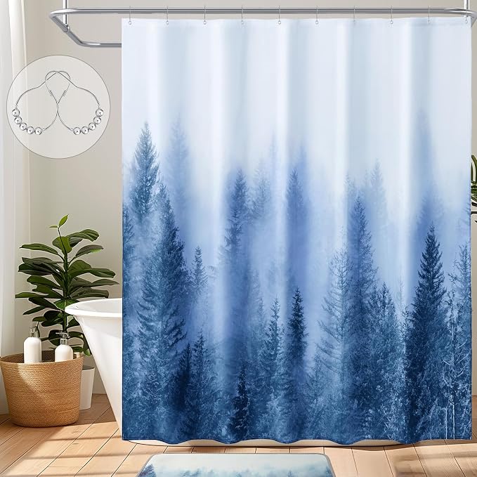 ORTIGIA Blue Shower Curtain for Bathroom, Misty Forest Nature Woodland Shower by ORTIGIA
