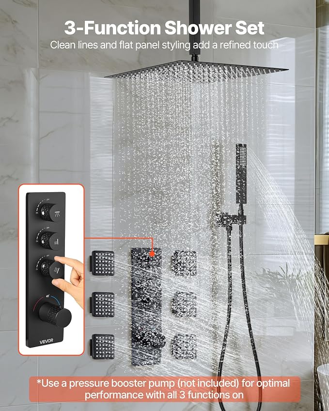 VEVOR Shower Faucet Set, 16 Inch Thermostatic Ceiling Mount Rainfall Shower - Image 2