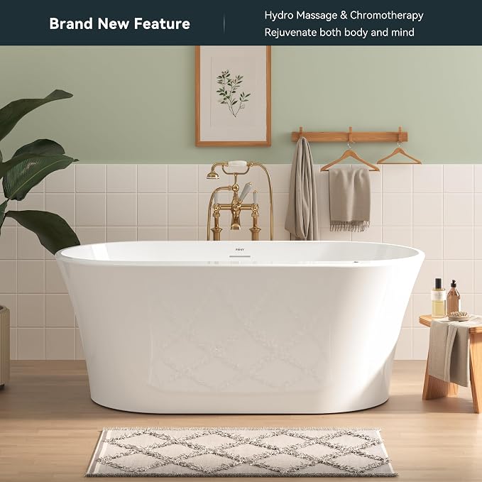 FerdY Mauritius 59 Inch Acrylic Freestanding Whirlpool Bathtub, Oval - Image 2