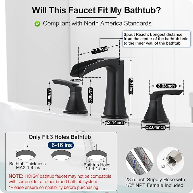 Roman Waterfall Bathtub Faucets, Brass High Flow Bathtub Faucet 3 Hole 6-16 - Image 6