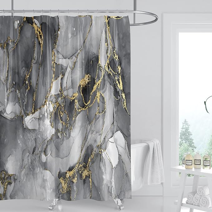 Domoku Brown Gold Marble Shower Curtain, Waterproof Texture Washable Fabric - Image 7