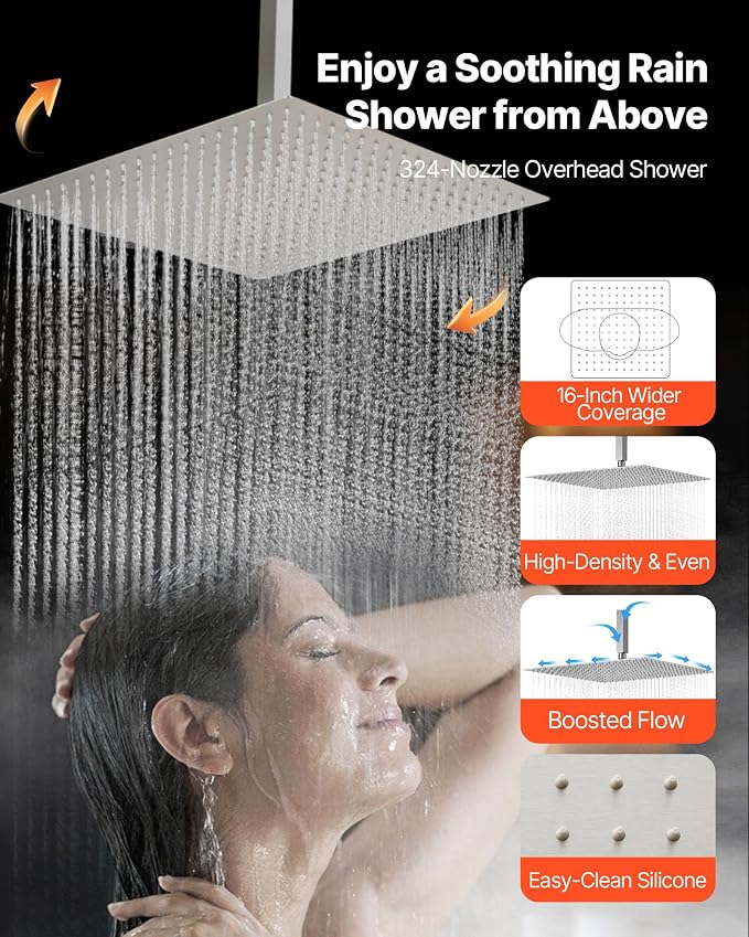 VEVOR Shower Faucet Set, 16 Inch Thermostatic Ceiling Mount Rainfall Shower - Image 5
