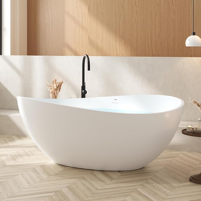 FerdY Lamu 63" Stone Resin Freestanding Bathtub, Gracefully Shaped Freestanding - Image 2