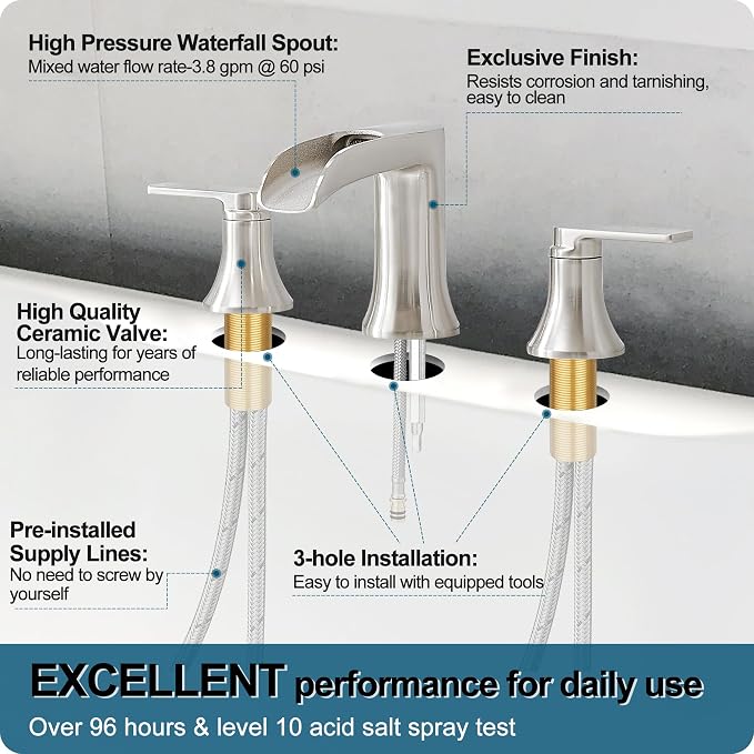 Brushed Nickel Tub Faucet Set 3 Hole, Brass Deck Mount Waterfall Bathtub Faucet - Image 5