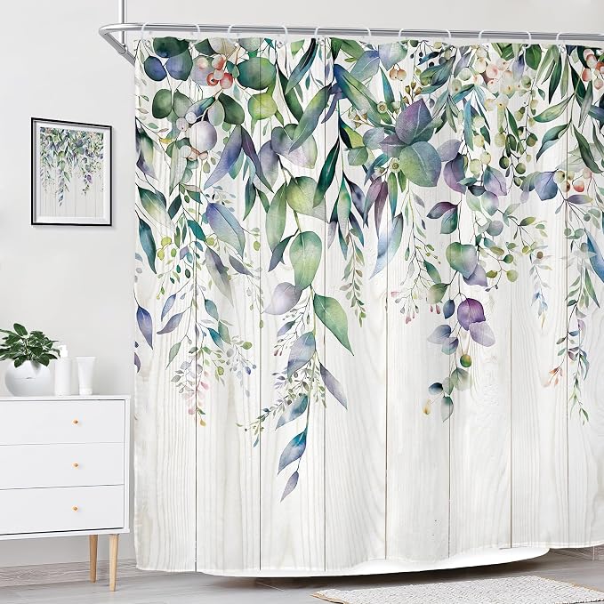Riyidecor Teal Shower Curtain for Bathroom Decor 72Wx72H Eucalyptus Leaves - Image 3