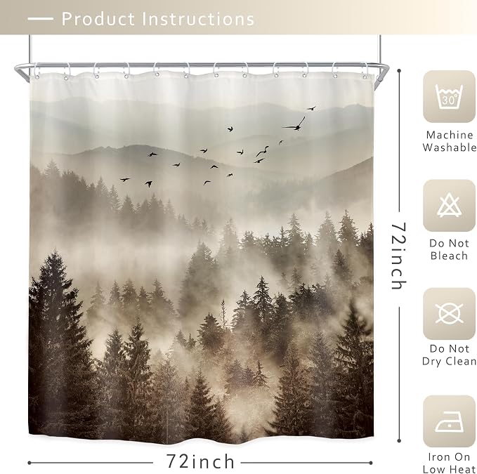 Riyidecor Foggy Mountain Shower Curtain 72Wx72H Inch Nature Abstract Scenery - Image 4
