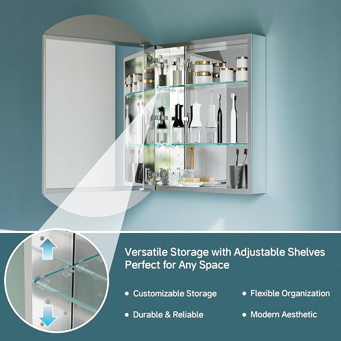20"x32" Recessed Arched Medicine Cabinet, Mirrored Storage Cabinet - Image 4