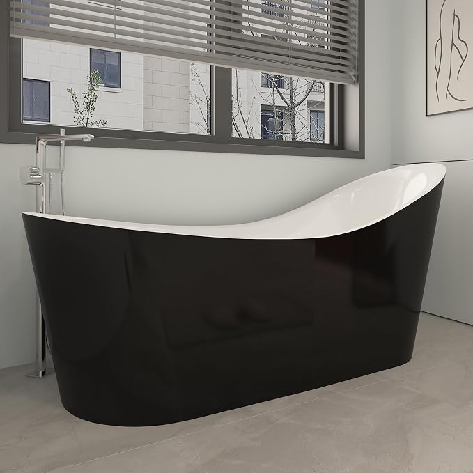 55" Black Modern Free Standing Soaking Slipper Bathtub, WHALEKING Luxury Stand - Image 3