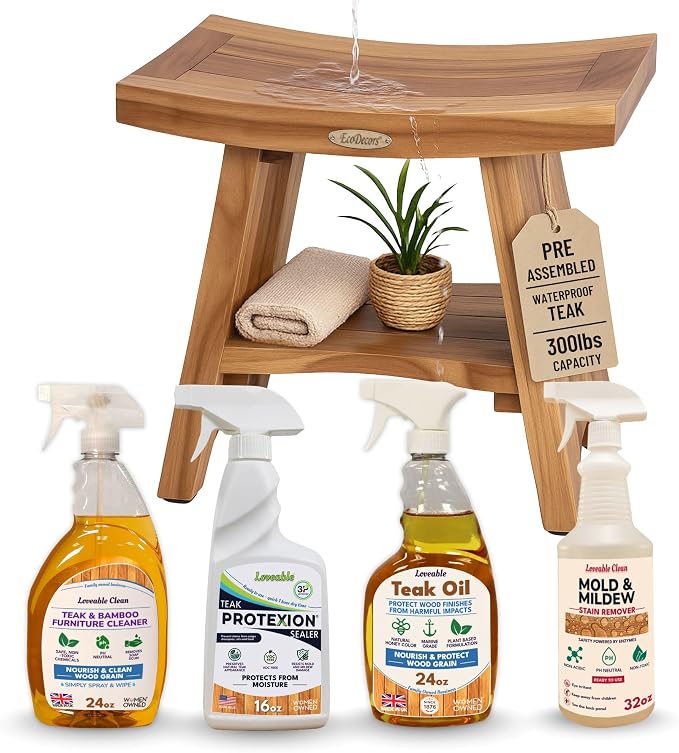 EcoDecors Serenity Teak Wood Shower Bench, Fully Assembled + 4 Pack Teak Care by EcoDecors