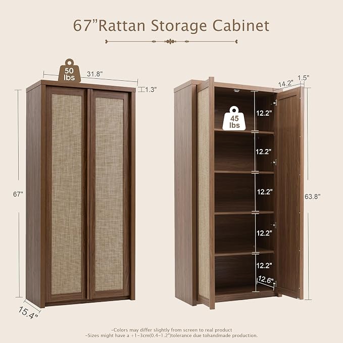 Yechen 67" Tall Kitchen Pantry Cabinet, Rattan Storage Cabinet - Image 2