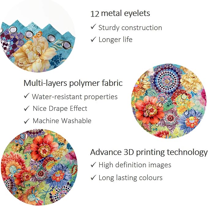 Bohemian Shower Curtain, Boho Floral Print Water Repellent Polyester Fabric - Image 3