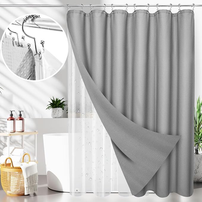 LaCyan 3 in 1 Waterproof Waffle Weave Shower Curtain and Clear Liner Set by Lacyan