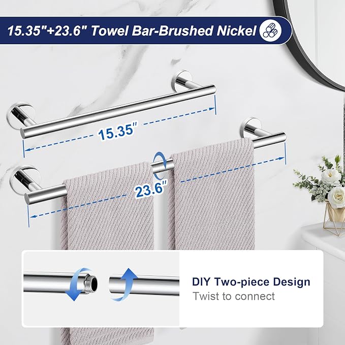 5 Pieces Bathroom Hardware Set, 23.6-inch+15.35-inch Bathroom Towel bar SUS304 - Image 2
