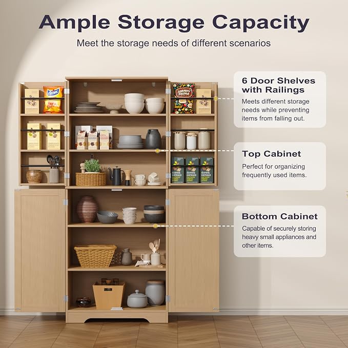 72" Tall Kitchen Pantry with Rattan Doors, Storage Cabinet with Organizer - Image 4