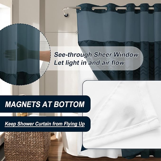 No Hooks Required Boho Farmhouse Shower Curtain Tufted Chevron Striped - 72W x - Image 5