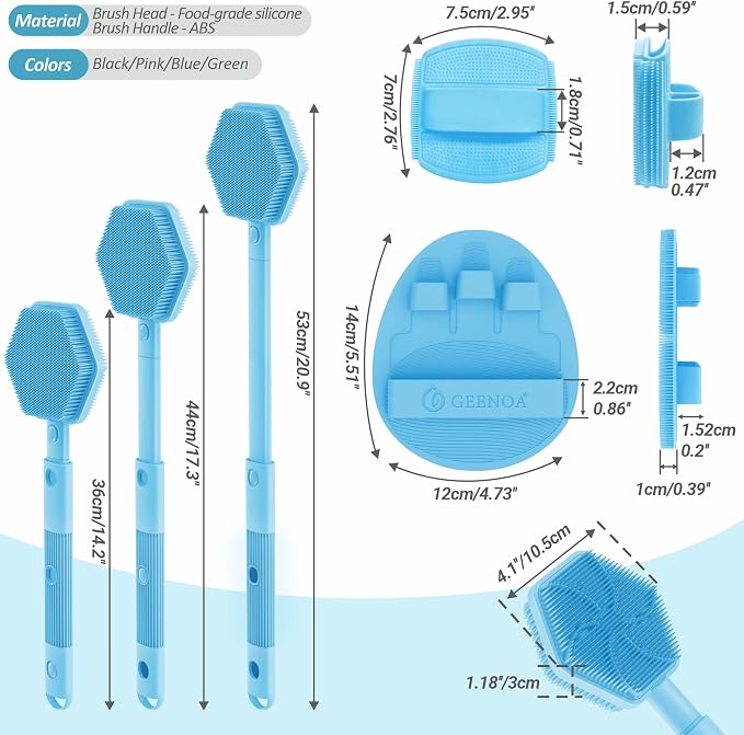 Silicone Back/Face Scrubber & Bath Glove Set 3PCS, Extendable Back Scrubber - Image 2