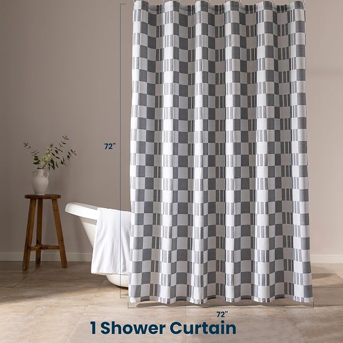 SLEEP ZONE Grey Checkered Shower Curtain Waterproof Curtains - Image 7