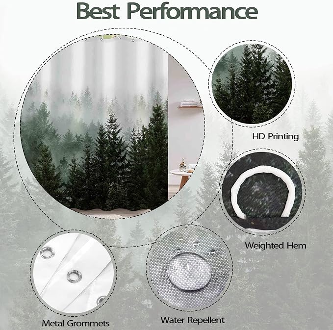 Aipon Green Misty Forest Shower Curtain Nature Tree Shower Curtain Set Dark - Image 6