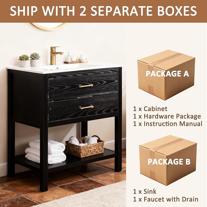 30 Inch Bathroom Vanity with Sink & Faucet & Drain, Farmhouse Freestanding - Image 6