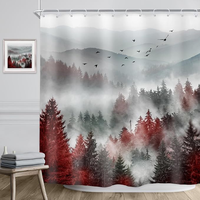 Riyidecor Red Black Mountain Shower Curtain 72Wx72H Inch Nature Scenery Foggy - Image 3
