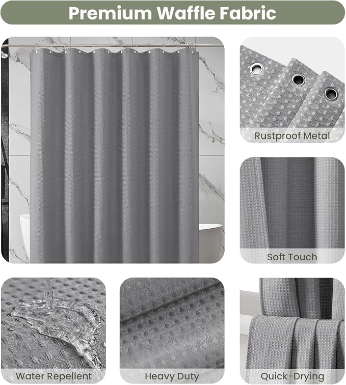 Inhousolu Fabric Shower Curtain Waffle Weave, 230 GSM Heavy Duty, Weighted Hem - Image 4