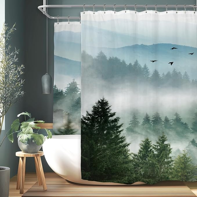 Riyidecor Extra Wide Green Mountain Shower Curtain 108Wx72H Inch Rustic Nature - Image 2