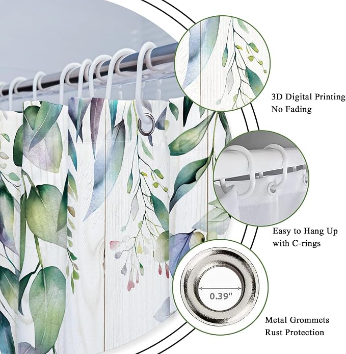 Riyidecor Teal Shower Curtain for Bathroom Decor 72Wx72H Eucalyptus Leaves - Image 6