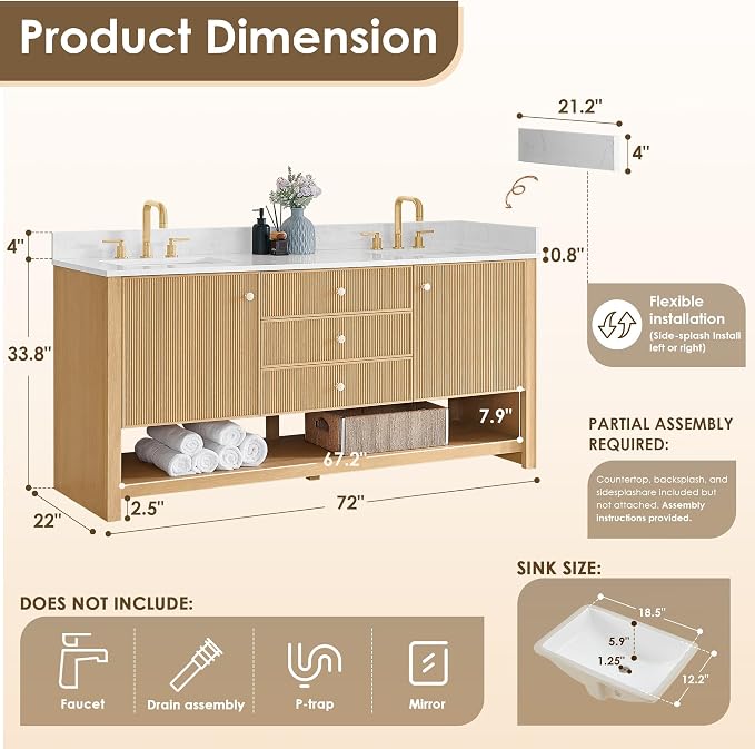 ALTAIR 72 Double Sink Bathroom Vanity Mordern Pedestal Pre-Assembled Vanities - Image 2