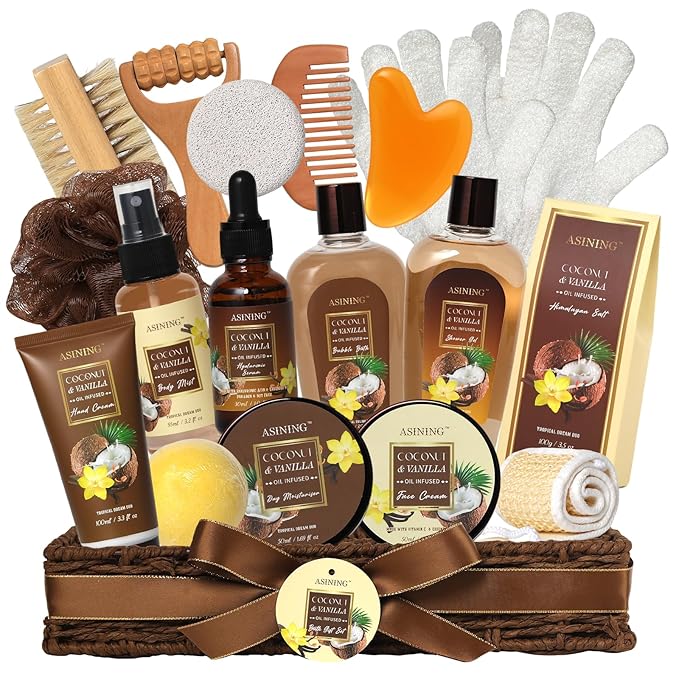 Spa Basket for Women, Coconut Vanilla Bath & Body Set, Christmas & Birthday Gift by ASINING