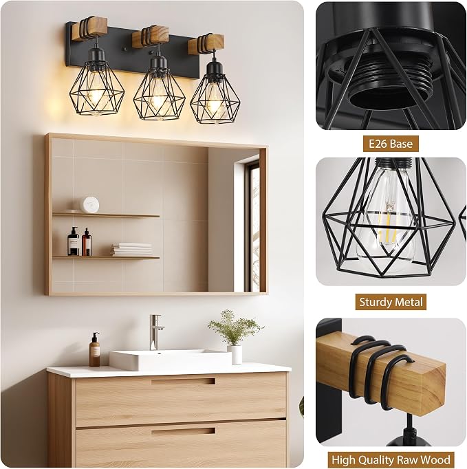 Farmhouse Vanity Light for Bathroom, 3-Light Wood Bathroom Vanity Light - Image 3