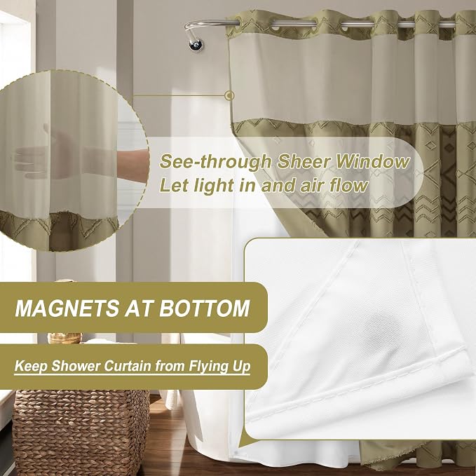 No Hooks Required Boho Farmhouse Shower Curtain Tufted Chevron Striped - 72W x - Image 5