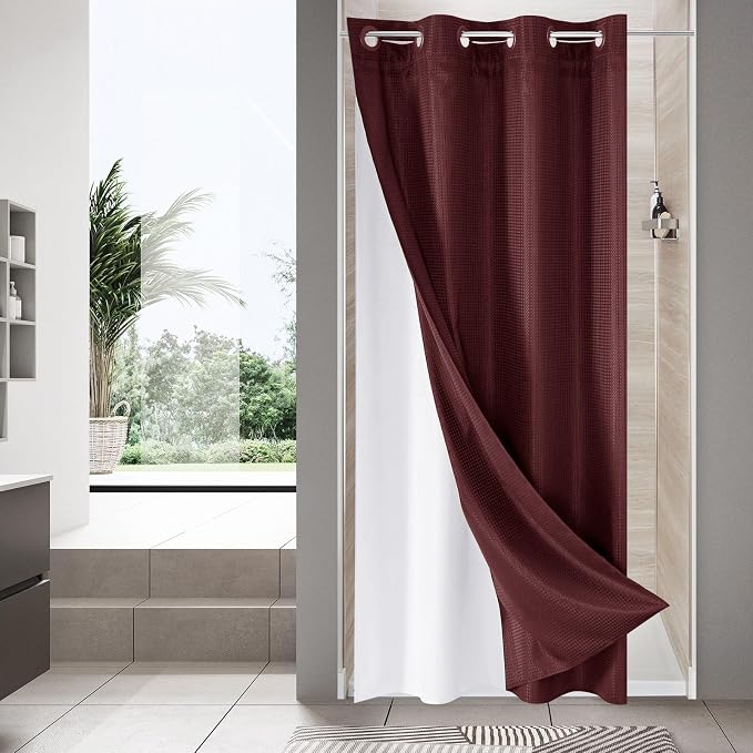 MitoVilla Burgundy Waffle Small Stall Shower Curtain Liner Set 36 x 74 by MitoVilla