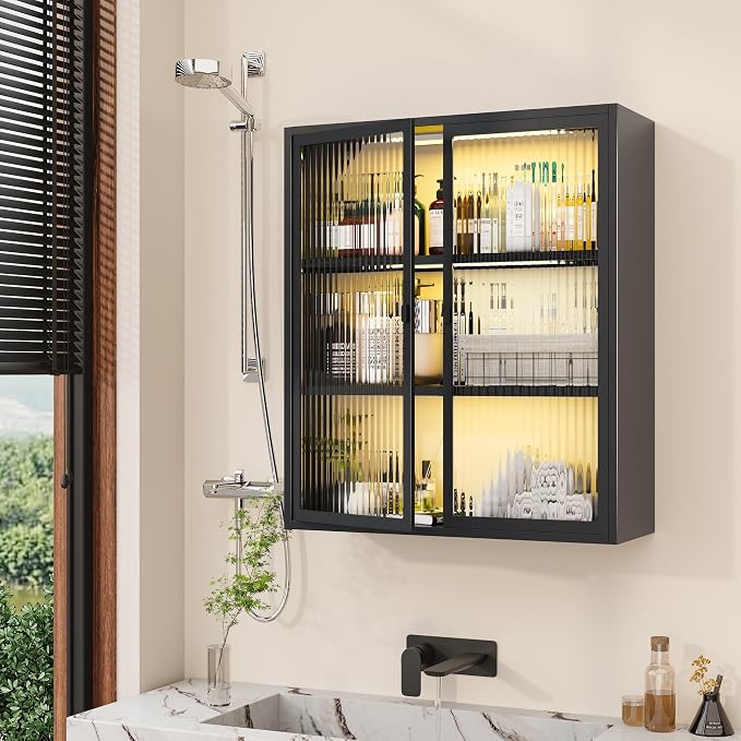 Bathroom Wall Cabinet with Glass Doors, Metal Medicine Cabinet with LED Light - Image 2