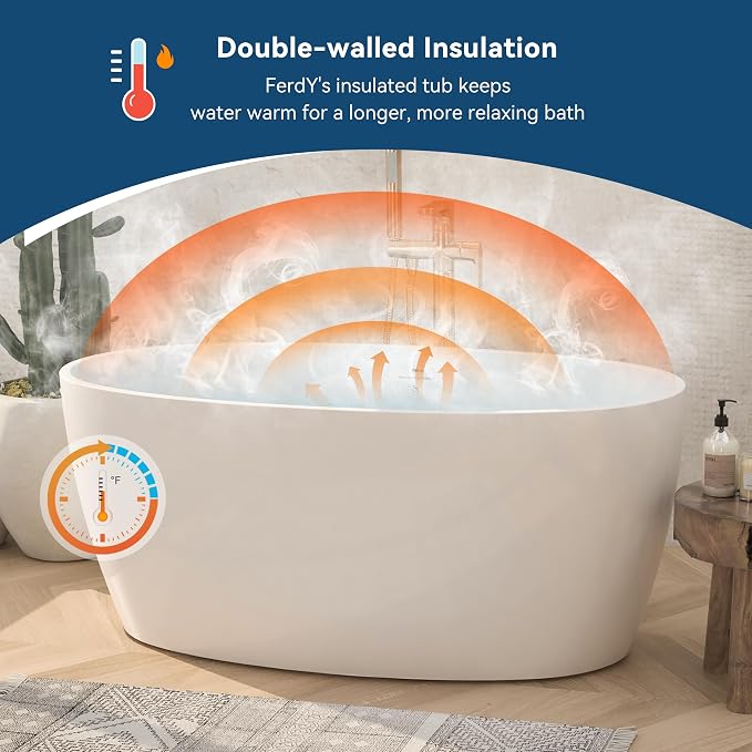FerdY Tahiti 55" Acrylic Freestanding Bathtub, Elegant Oval Shape Soaking - Image 3