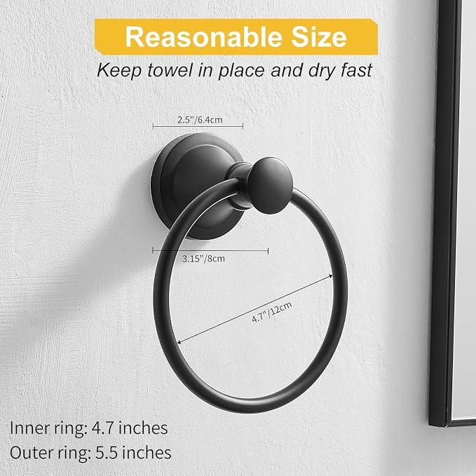 BESy Matte Black Bathroom Hand Towel Ring Towel Holder, Rustproof Wall Mounted - Image 6