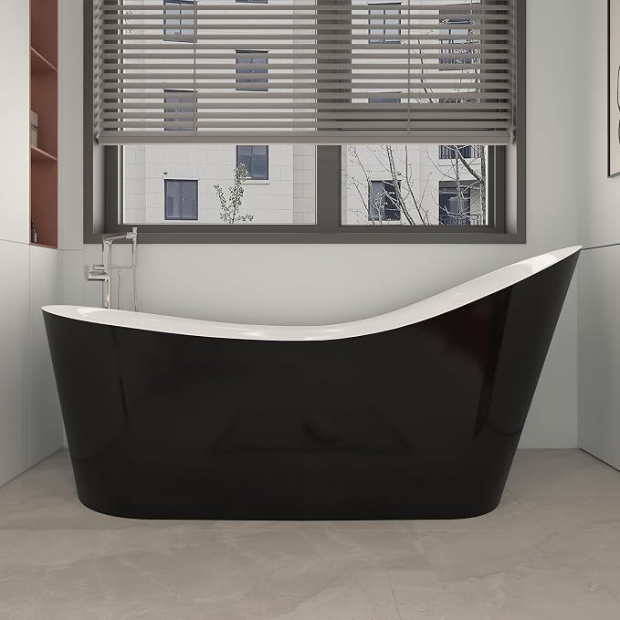 55" Black Modern Free Standing Soaking Slipper Bathtub, WHALEKING Luxury Stand - Image 2