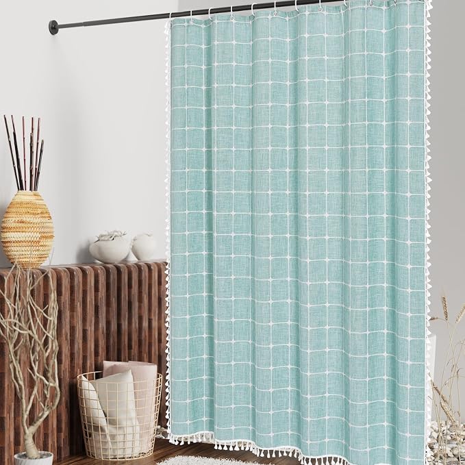 MitoVilla 72 x 84 Teal Blue Boho Extra Long Shower Curtain, Turquoise Farmhouse - Image 2