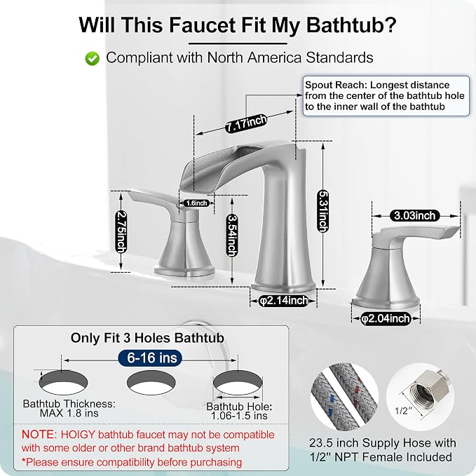 3 Hole Roman Tub Faucet Waterfall Brass Brushed Nickel Bathtub Faucet Set - Image 6